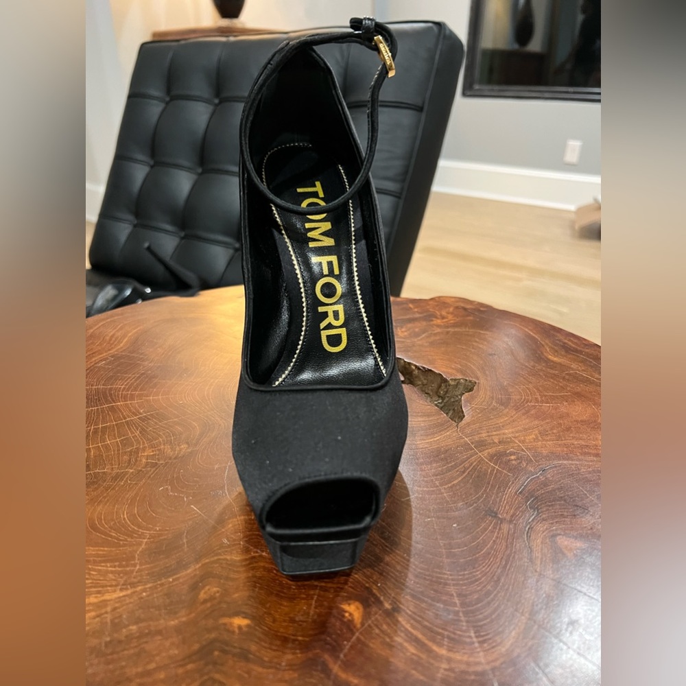TOM FORD Black Satin Platform Peep Toe Heel(TOM FORD socks NOT included)